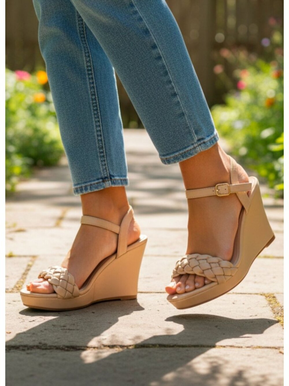 Braided Taupe Wedge Sandals With Adjustable Ankle Strap For Women